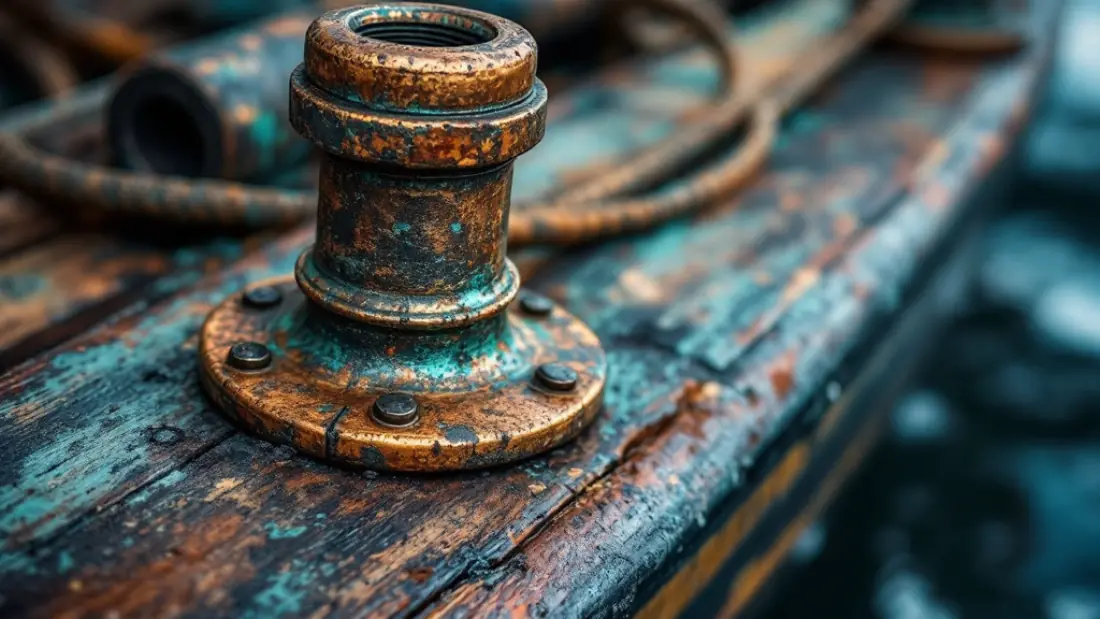 Weathered bronze rudder fitting with green verdigris patina on a wooden hull